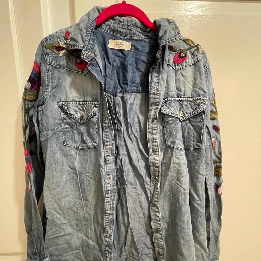 Jessica Simpson Floral Embroidered Denim Shirt - size small